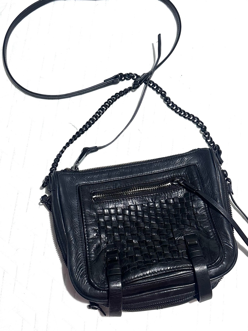 Woven Front Black Leather Crossbody Bag